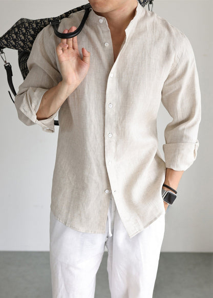 Linen Button Solid Mens Shirts Stand Collar Long Sleeve