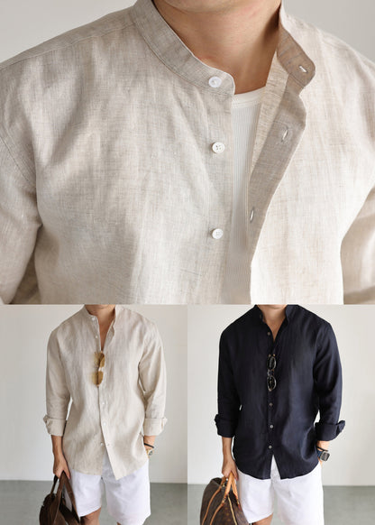 Linen Button Solid Mens Shirts Stand Collar Long Sleeve