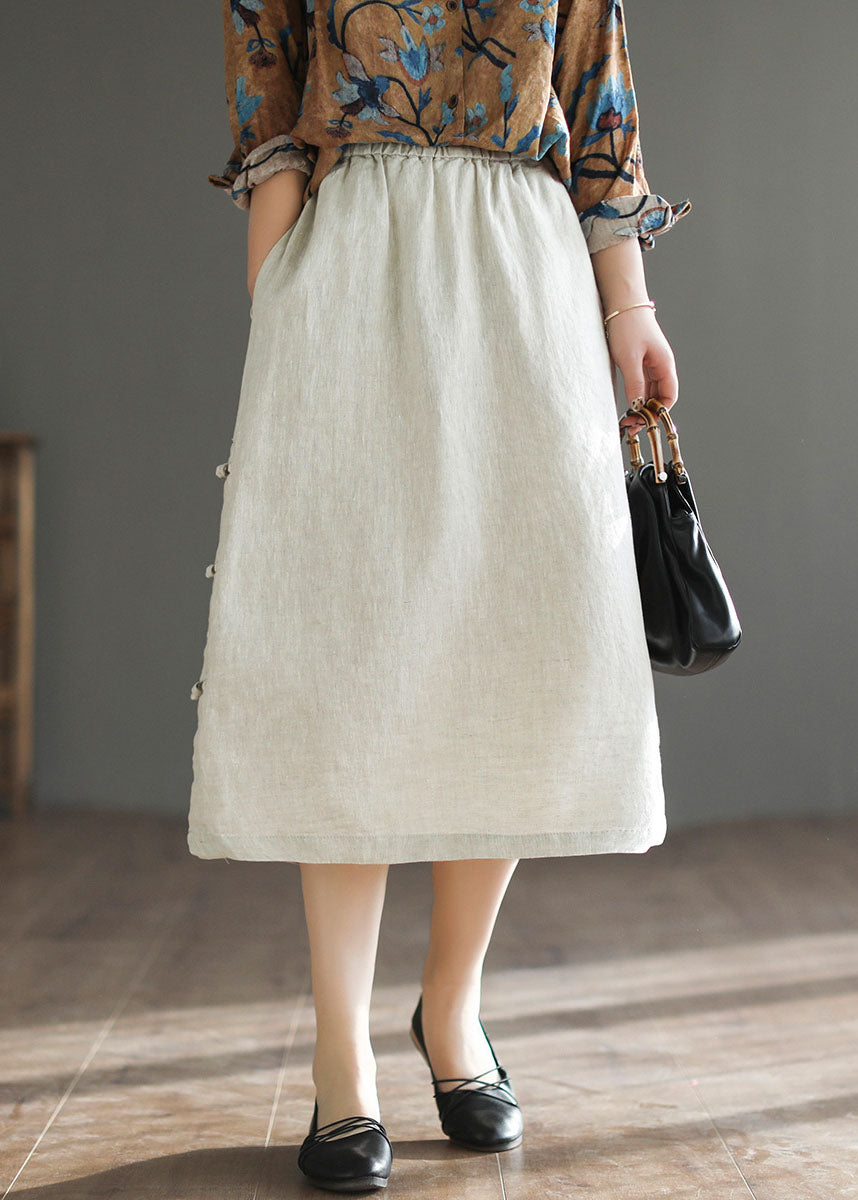 Linen Colour Side Open Linen a Line Skirt High Waist Drawstring Summer