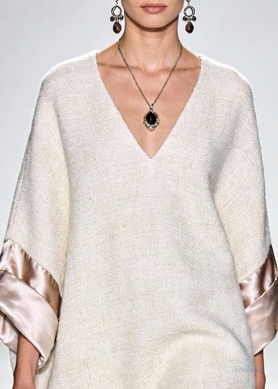 Linen Cozy Silk Patchwork Mini Dress V Neck