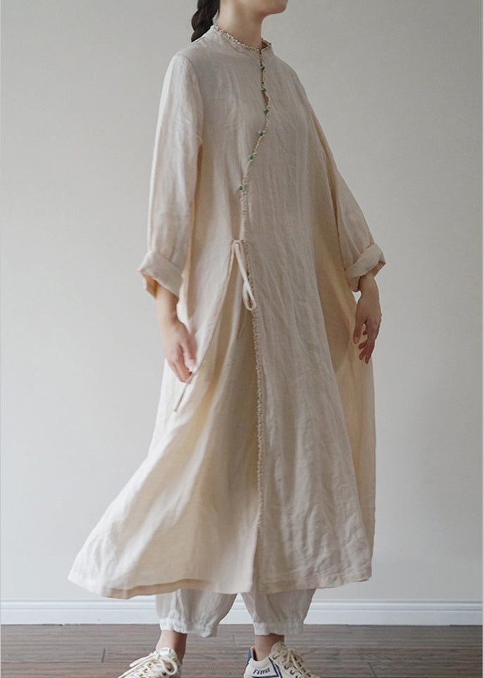 Linen Colour Linen Loose Dress Mandarin Collar Long Sleeve