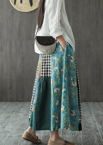 Linen Contrast Color Stitching Skirt Female Spring New Retro Literary Loose Elastic Waist Skirt