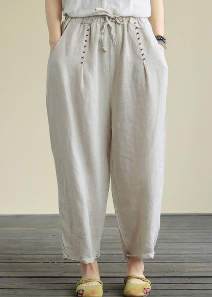 Literary Beige Large Size Elastic Waist Hemp Cropped Pants