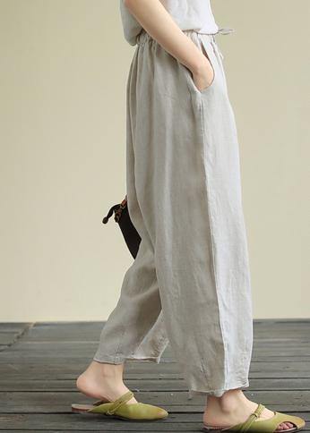 Literary Beige Large Size Elastic Waist Hemp Cropped Pants
