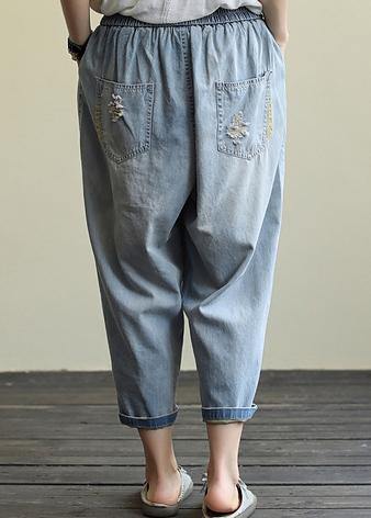 Literary Loose Loose White Stitching Hole Denim Cropped Harem Pants