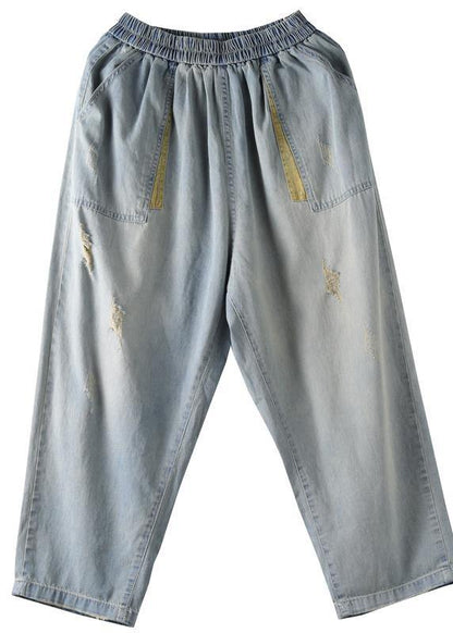 Literary Loose Loose White Stitching Hole Denim Cropped Harem Pants