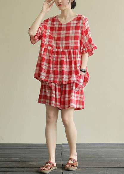 Literary Loose Round Neck Stitching Top Elastic Red Check Pants Suit