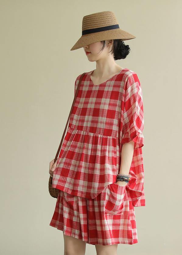 Literary Loose Round Neck Stitching Top Elastic Red Check Pants Suit