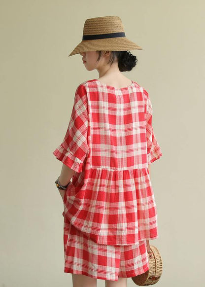 Literary Loose Round Neck Stitching Top Elastic Red Check Pants Suit