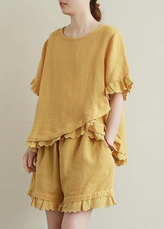 Literary Yellow Suit Lace Lace Irregular Round Neck Short Sleeve Shorts Two-piece Suit