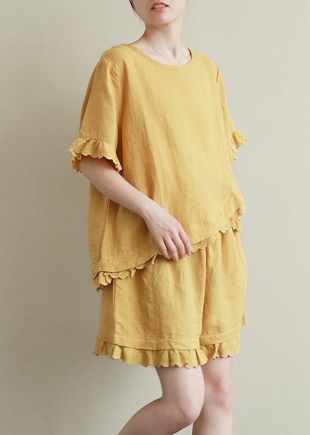 Literary Yellow Suit Lace Lace Irregular Round Neck Short Sleeve Shorts Two-piece Suit