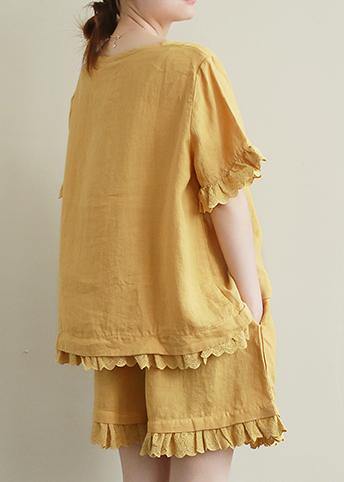 Literary Yellow Suit Lace Lace Irregular Round Neck Short Sleeve Shorts Two-piece Suit