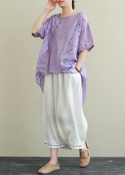 Literature and Art Ramie Purple Printed T-shirt Female Loose Cotton Blend Nine Points Wide Leg Pants Two-piece Suit