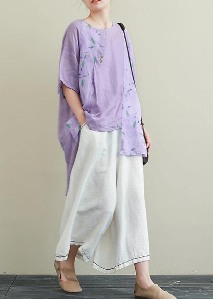 Literature and Art Ramie Purple Printed T-shirt Female Loose Cotton Blend Nine Points Wide Leg Pants Two-piece Suit