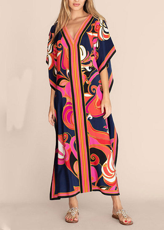 Long Kaftan Printed Bikini Cover Ups V Neck