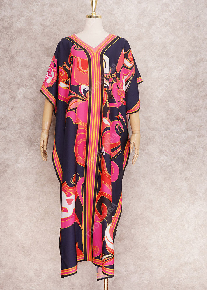 Long Kaftan Printed Bikini Cover Ups V Neck