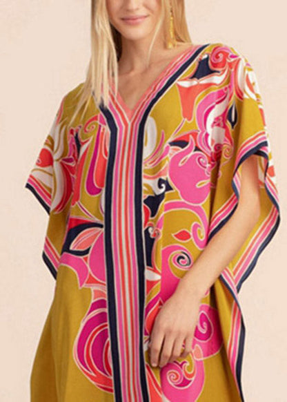 Long Kaftan Printed Bikini Cover Ups Yellow V Neck