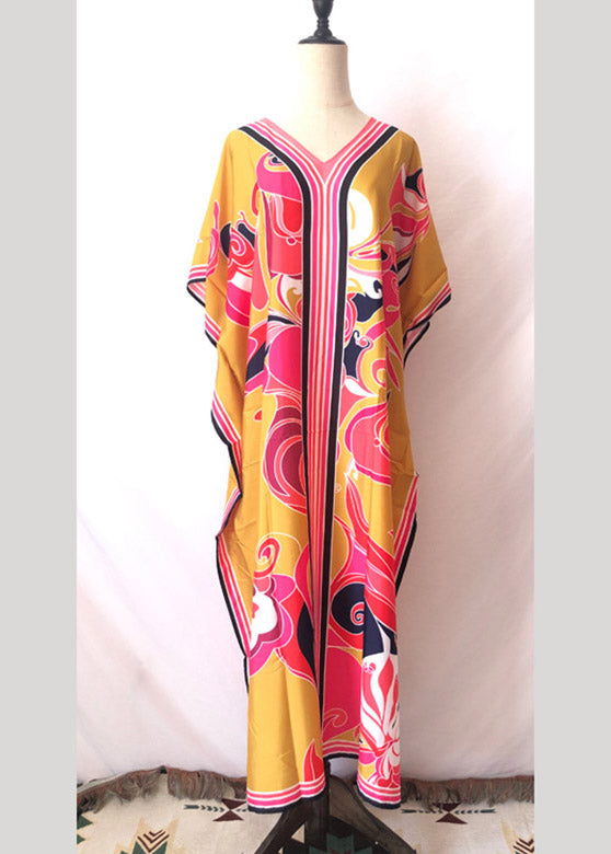 Long Kaftan Printed Bikini Cover Ups Yellow V Neck