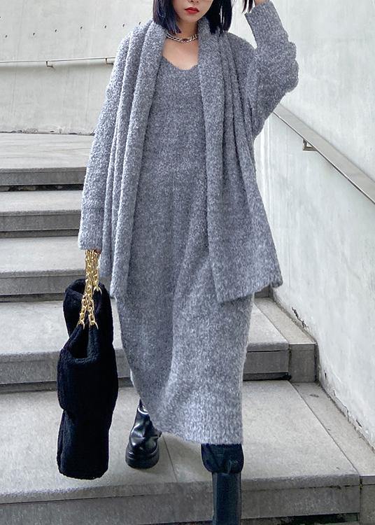 Long Woolen Dress Over the Knee Thick and Loose, Bottom With Scarf Gray Knitted Dress