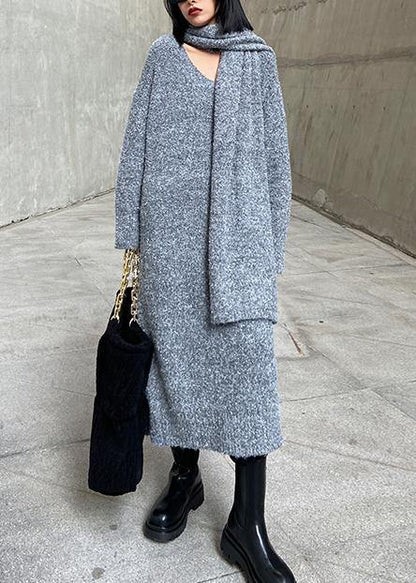 Long Woolen Dress Over the Knee Thick and Loose, Bottom With Scarf Gray Knitted Dress