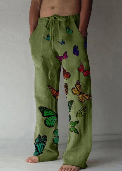 Loose Apricot Butterfly Print Lace Up Cotton Pants Summer