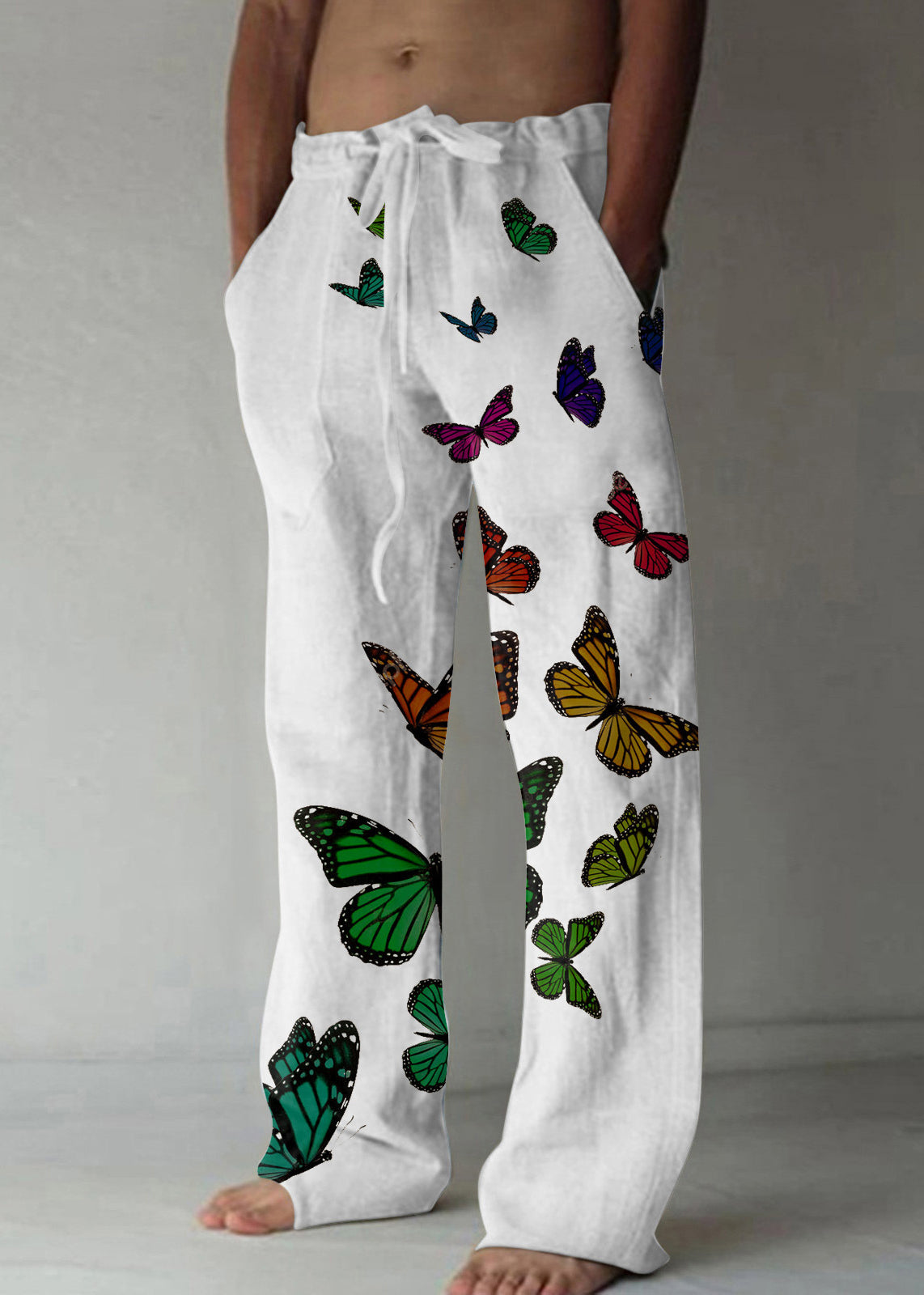 Loose Apricot Butterfly Print Lace Up Cotton Pants Summer