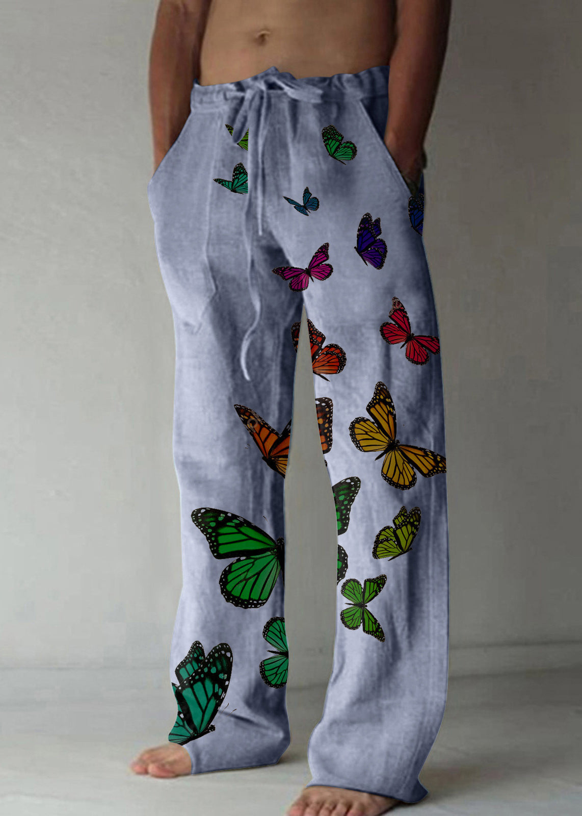 Loose Apricot Butterfly Print Lace Up Cotton Pants Summer