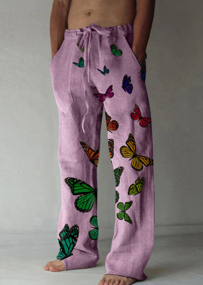 Loose Apricot Butterfly Print Lace Up Cotton Pants Summer