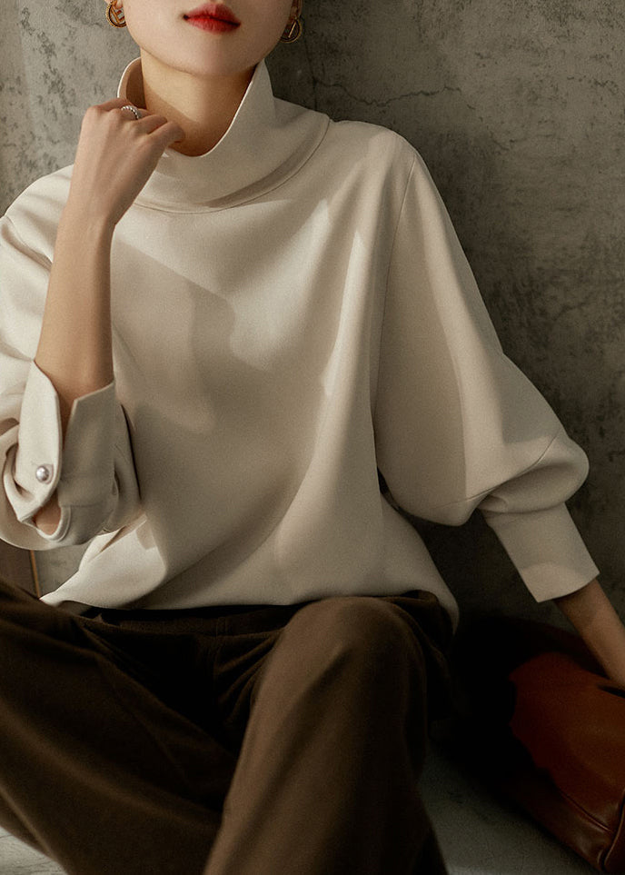 Loose Apricot Colour Turtleneck Button Nail Bead Sweatshirts Long Sleeve