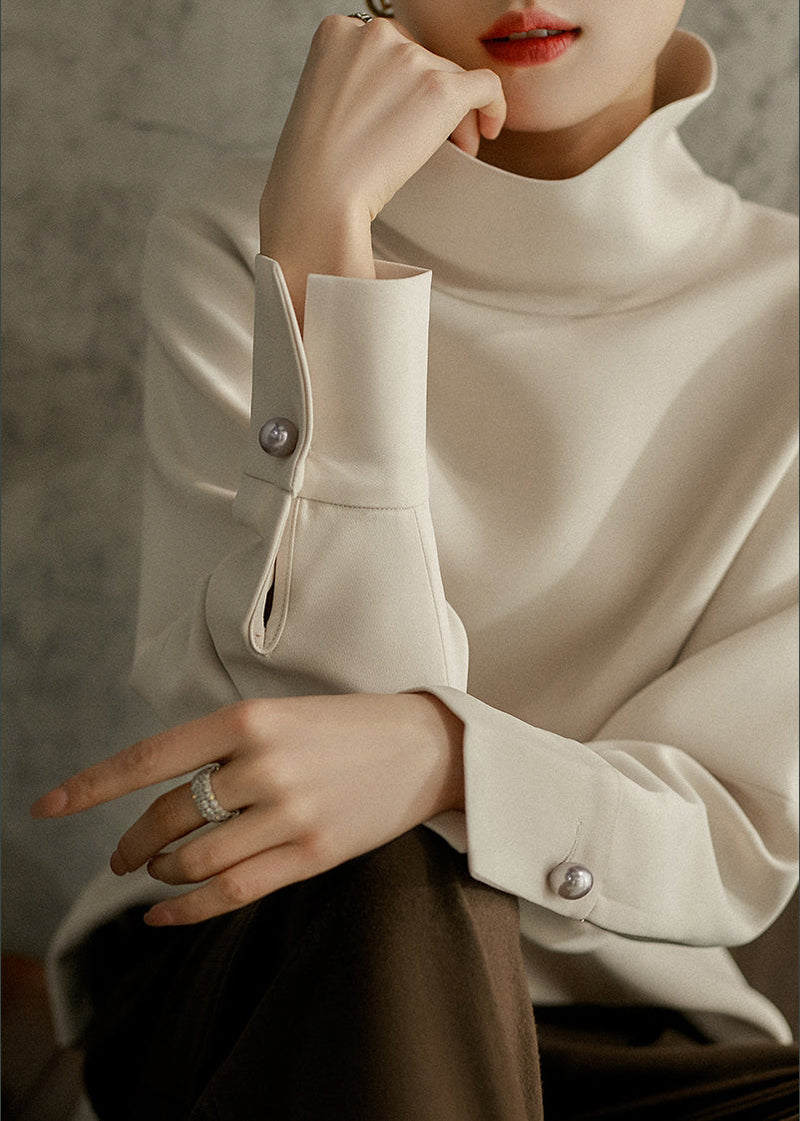 Loose Apricot Colour Turtleneck Button Nail Bead Sweatshirts Long Sleeve