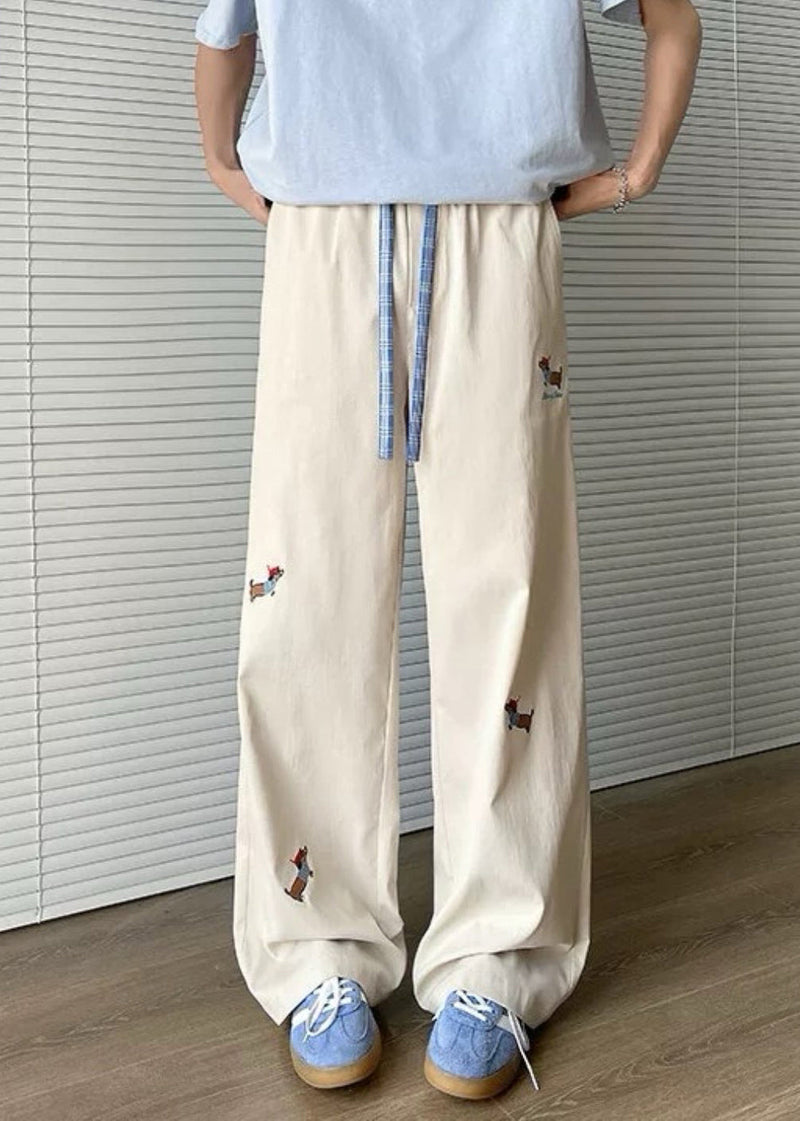 Loose Apricot Embroideried Pockets Drawstring Cotton Pants Summer