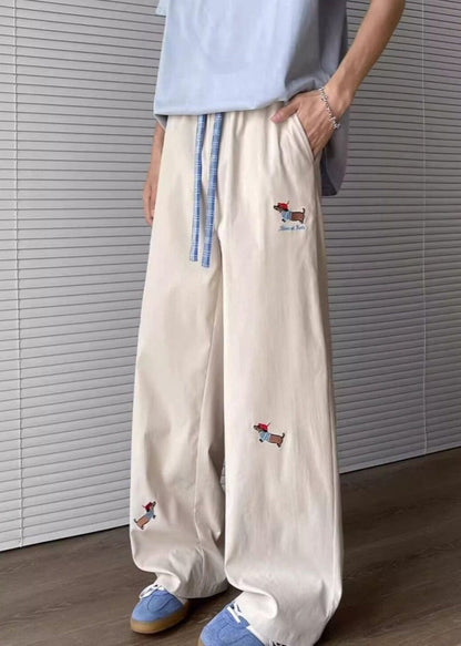 Loose Apricot Embroideried Pockets Drawstring Cotton Pants Summer