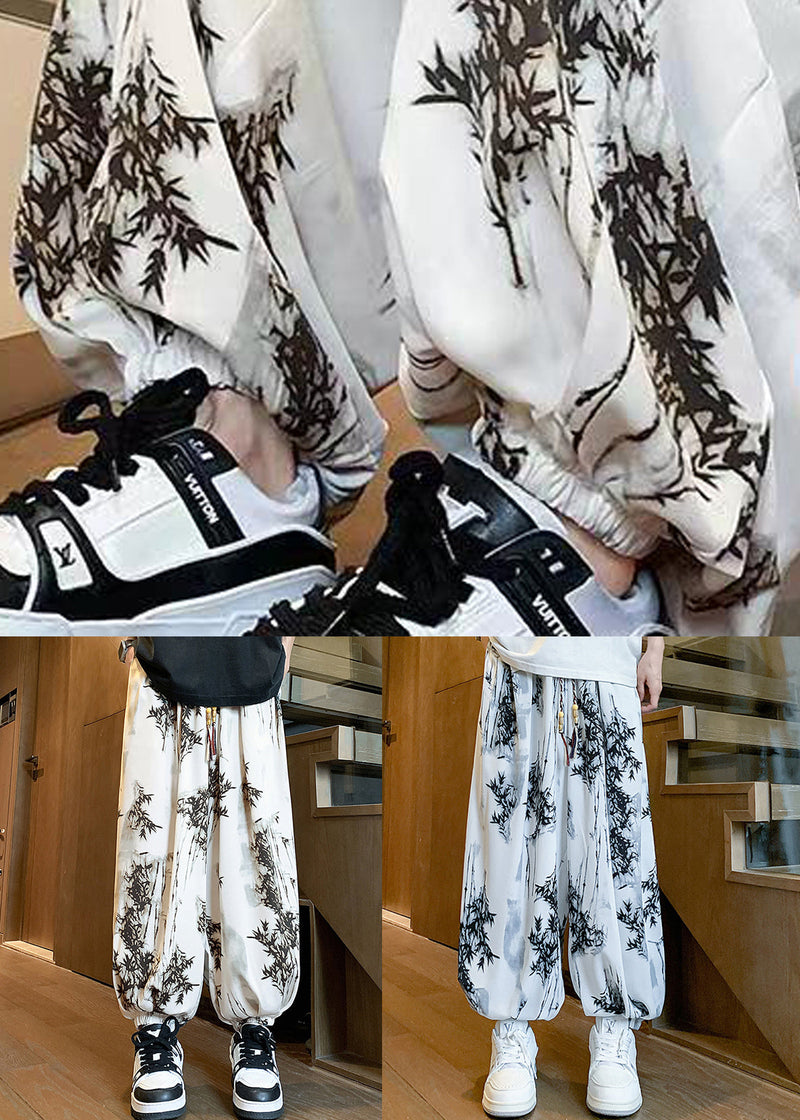 Loose Apricot Lace Up Elastic Waist Ice Silk Beam Pants Summer
