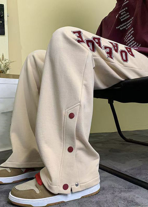 Loose Apricot Letter Button Side Open Warm Fleece Pants Spring