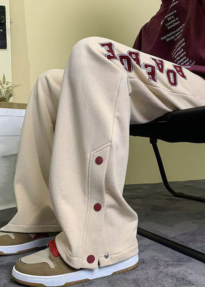 Loose Apricot Letter Button Side Open Warm Fleece Pants Spring