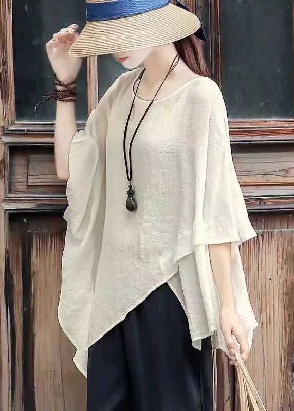 Loose Apricot O-neck Asymmetrical Cotton Tops Batwing Sleeve