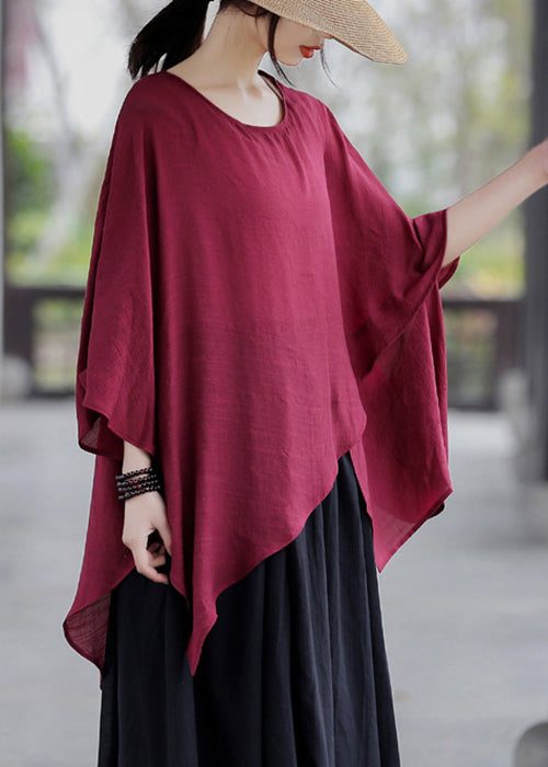 Loose Apricot O-neck Asymmetrical Cotton Tops Batwing Sleeve
