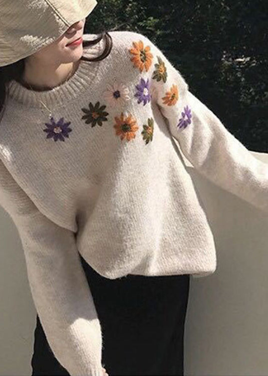 Loose Apricot O-neck Embroideried Cozy Thick Knit Sweaters Fall
