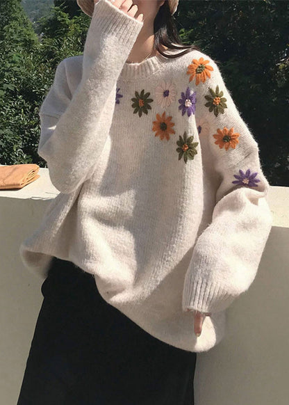 Loose Apricot O-neck Embroideried Cozy Thick Knit Sweaters Fall