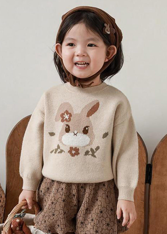 Loose Apricot O-neck Print Cotton Knit Kids Sweater Spring