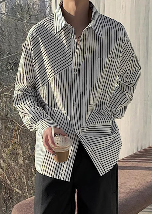 Loose Apricot Peter Pan Collar Striped Cotton Shirts Spring