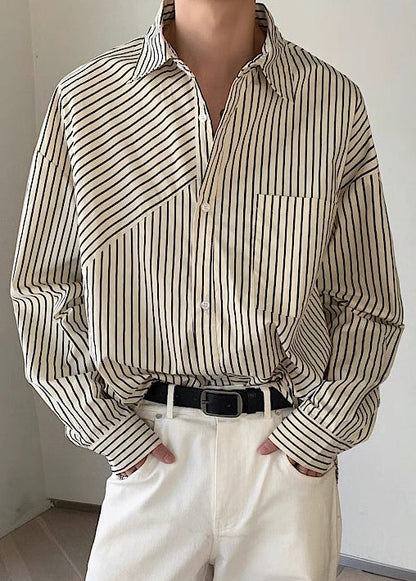 Loose Apricot Peter Pan Collar Striped Cotton Mens Shirts Spring