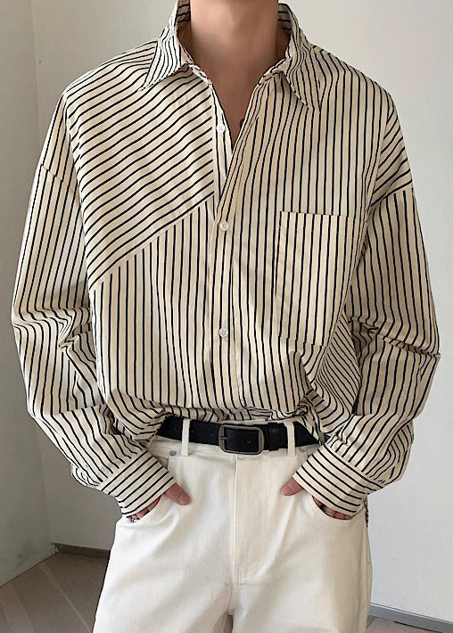 Loose Apricot Peter Pan Collar Striped Cotton Shirts Spring
