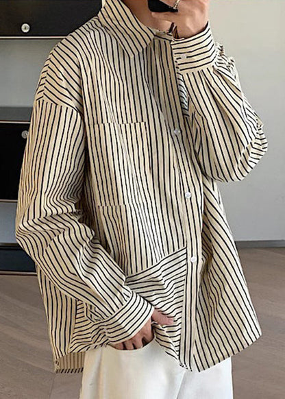 Loose Apricot Peter Pan Collar Striped Cotton Mens Shirts Spring