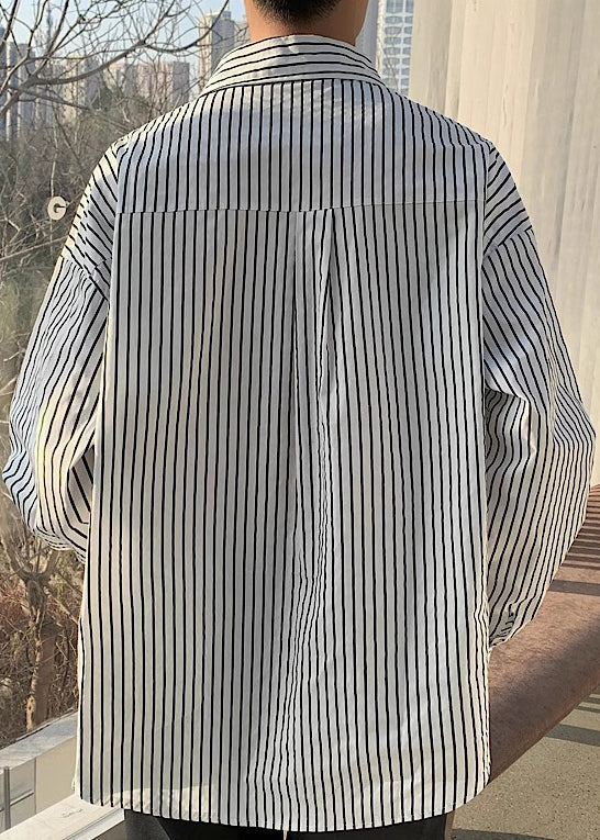 Loose Apricot Peter Pan Collar Striped Cotton Mens Shirts Spring