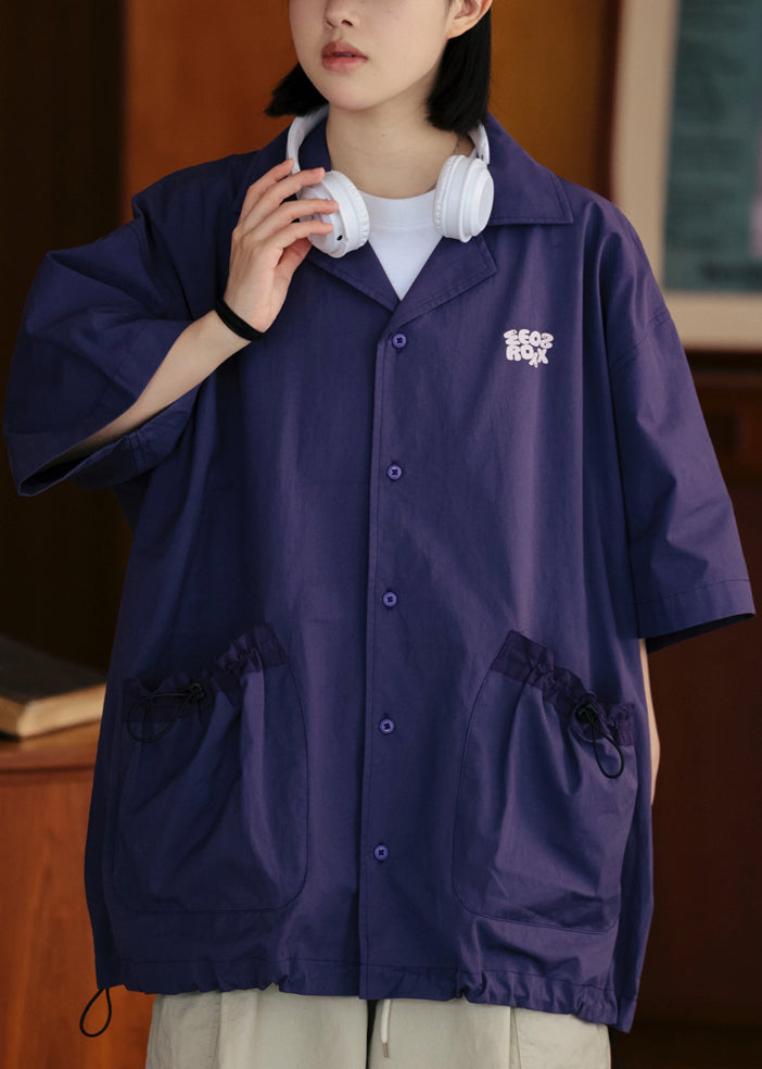 Loose Apricot Pockets Drawstring Cotton Shirts Half Sleeve