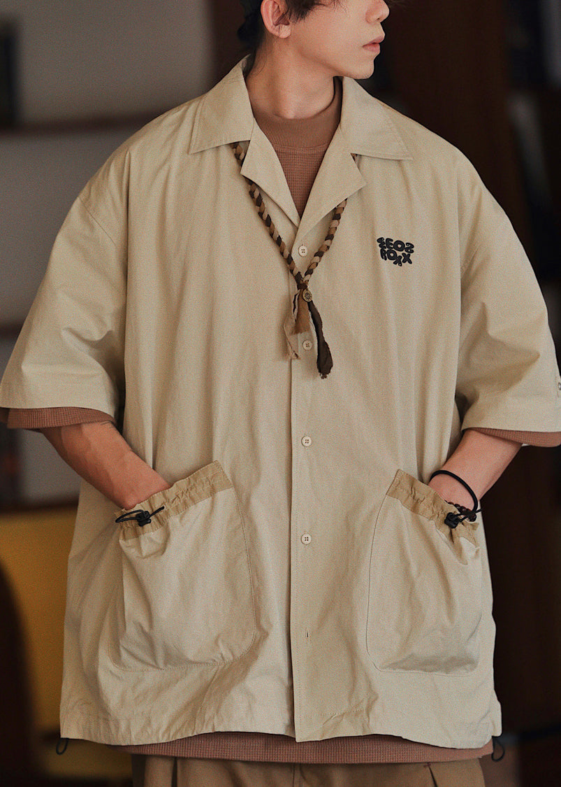 Loose Apricot Pockets Drawstring Cotton Shirts Half Sleeve