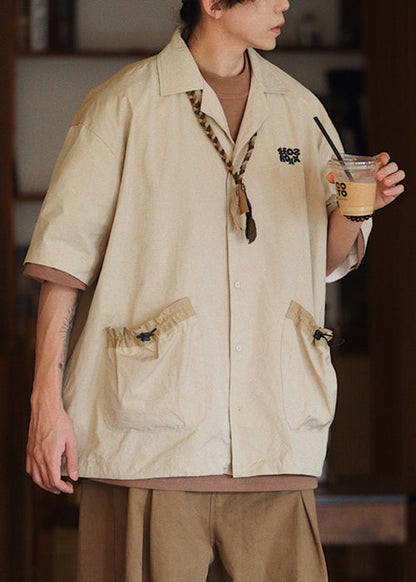 Loose Apricot Pockets Drawstring Cotton Shirts Half Sleeve