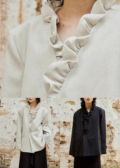 Loose Apricot Ruffled Button Back Side Open Cotton Coat Fall