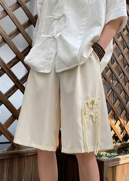 Loose Apricot Tasseled Pockets Elastic Waist Ice Silk Shorts Summer